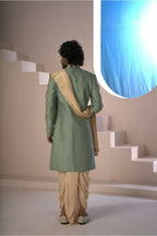 Majestic Mint Green Dupion Silk Sherwani With Satin Dhoti & Santone Dupatta by Hilo Design | Grocsy