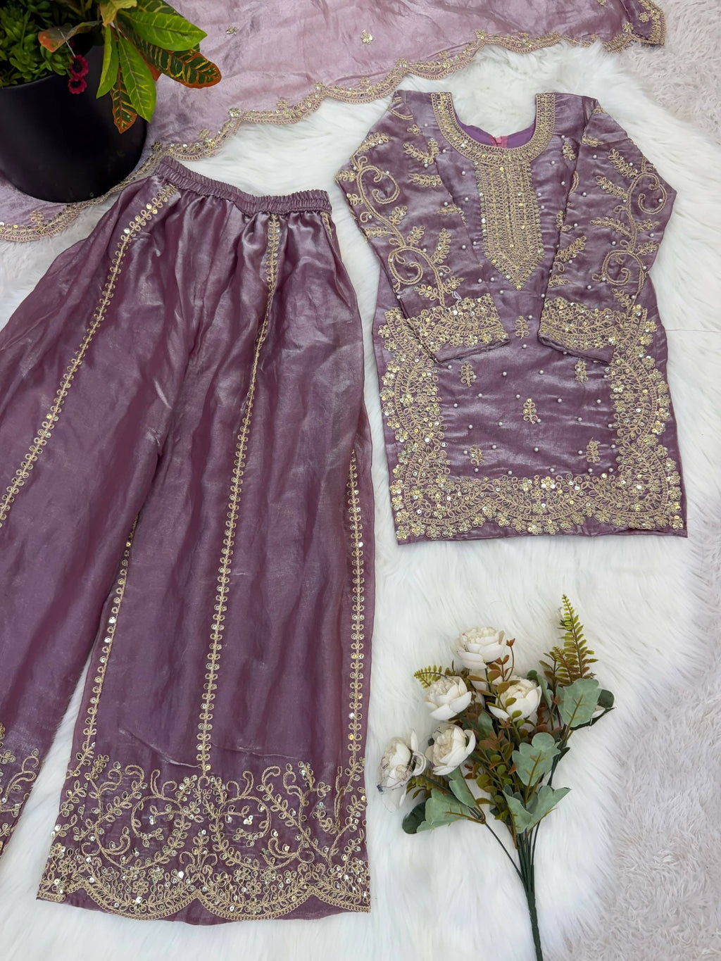 Teeya Creation New Trendy Fully Stitched Ready to Wear Kids Kurta Palazzo Set-Purple | Grocsy
