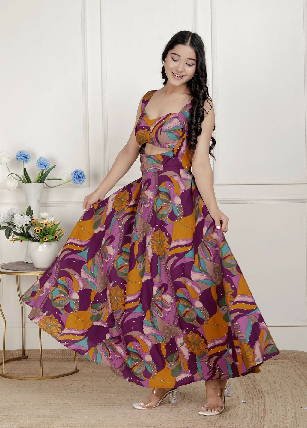 Miravan Womens Purple Pure Cotton Floral Printed Sleeveless Cut Out Western Dress | Grocsy