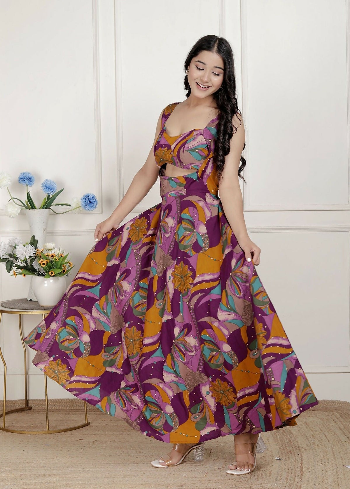 Miravan Womens Purple Pure Cotton Floral Printed Sleeveless Cut Out Western Dress | Grocsy