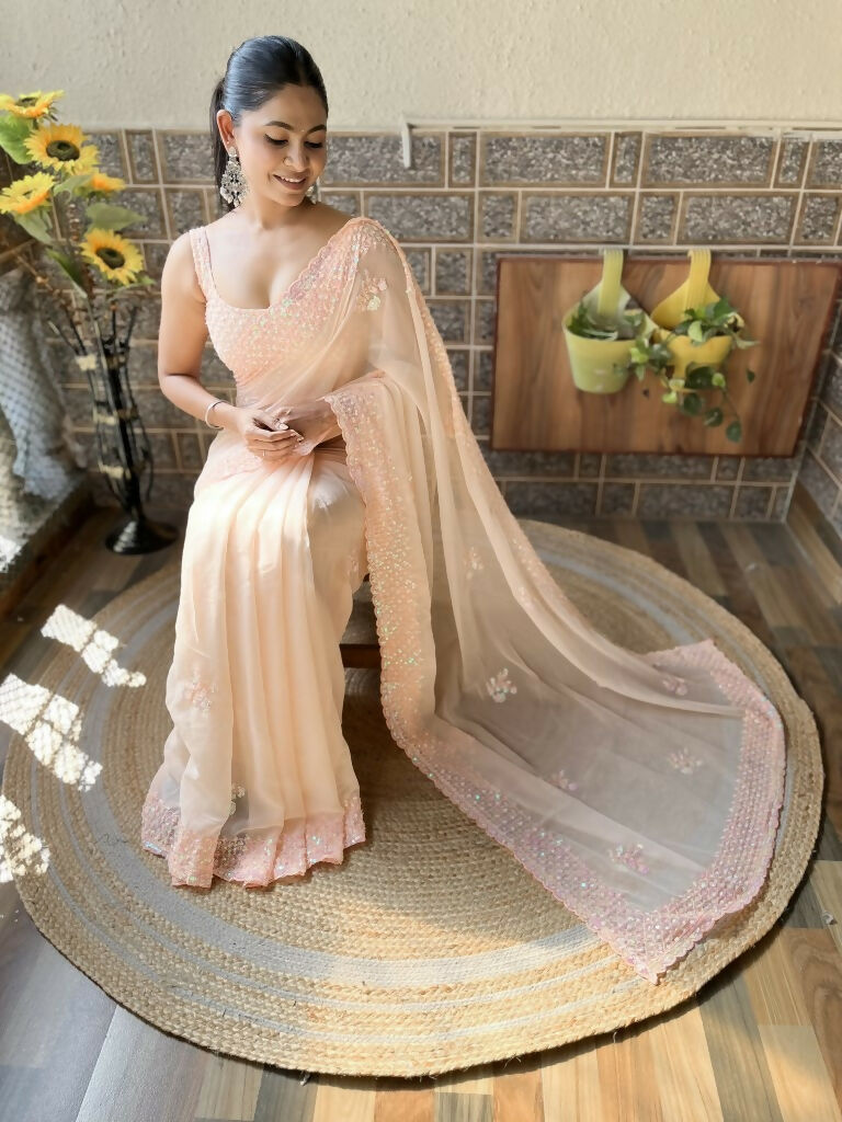 Peach Georgette Sequence Embroidery Cut Work Saree - Saadia | Grocsy