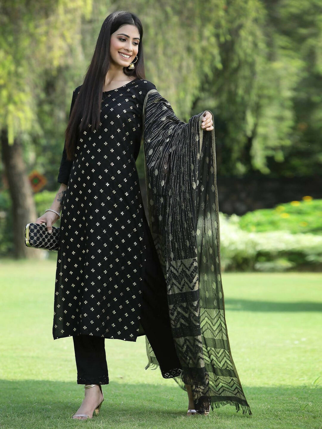 Juniper Women's Black Rayon Embellished Straight Kurta Sets | Grocsy