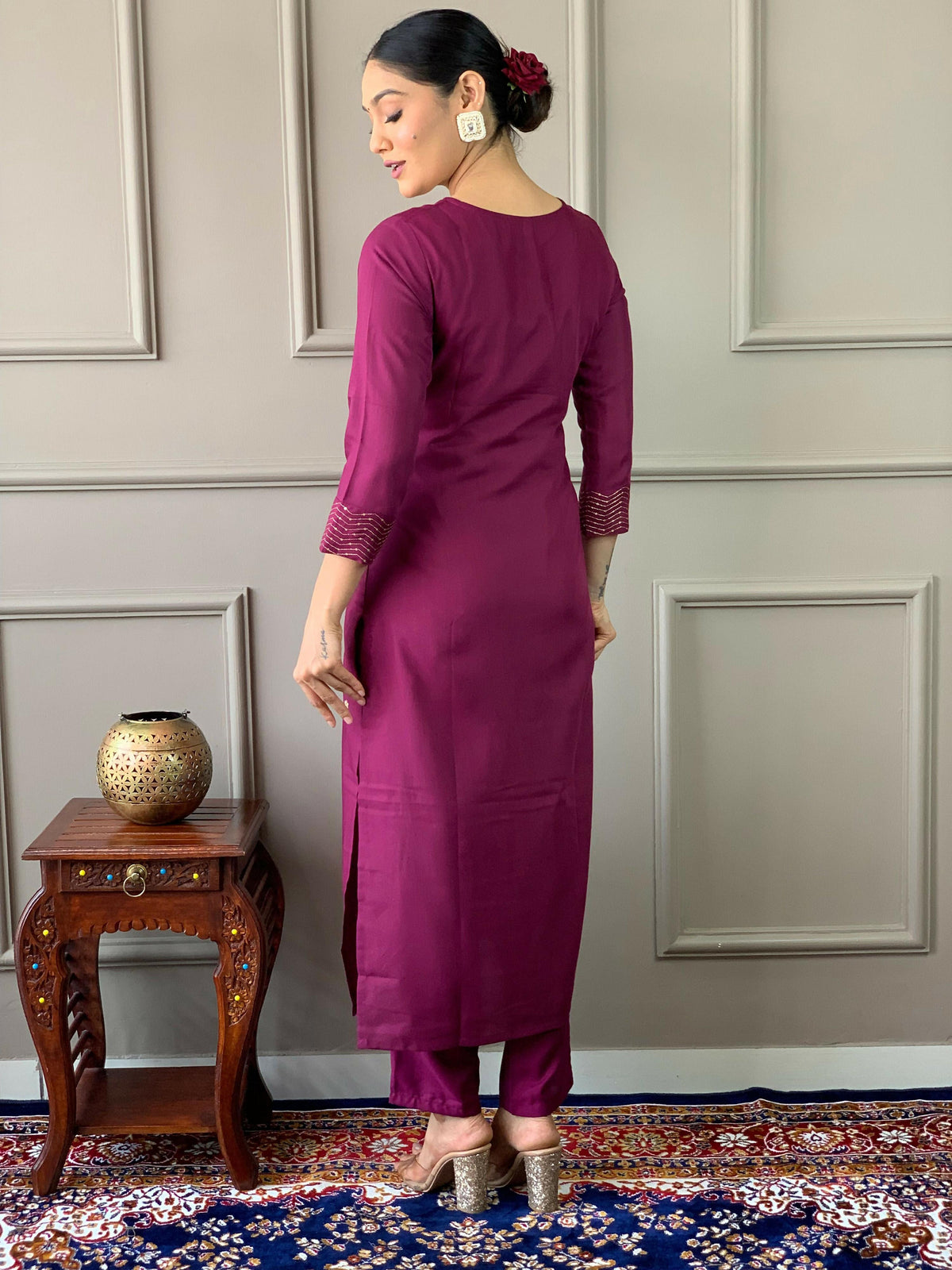 Partywear Designer Rayon Slub Wine Stitched Suit With Dupatta - Tanisha | Grocsy