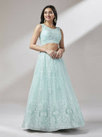 House of Panchhi Turquoise Blue Net Gotapatti Work Lehenga & Blouse, Dupatta | Grocsy