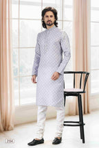 Raivat Ethnic Cotton Thread Work Kurta Pajama In Grey Colour | Grocsy