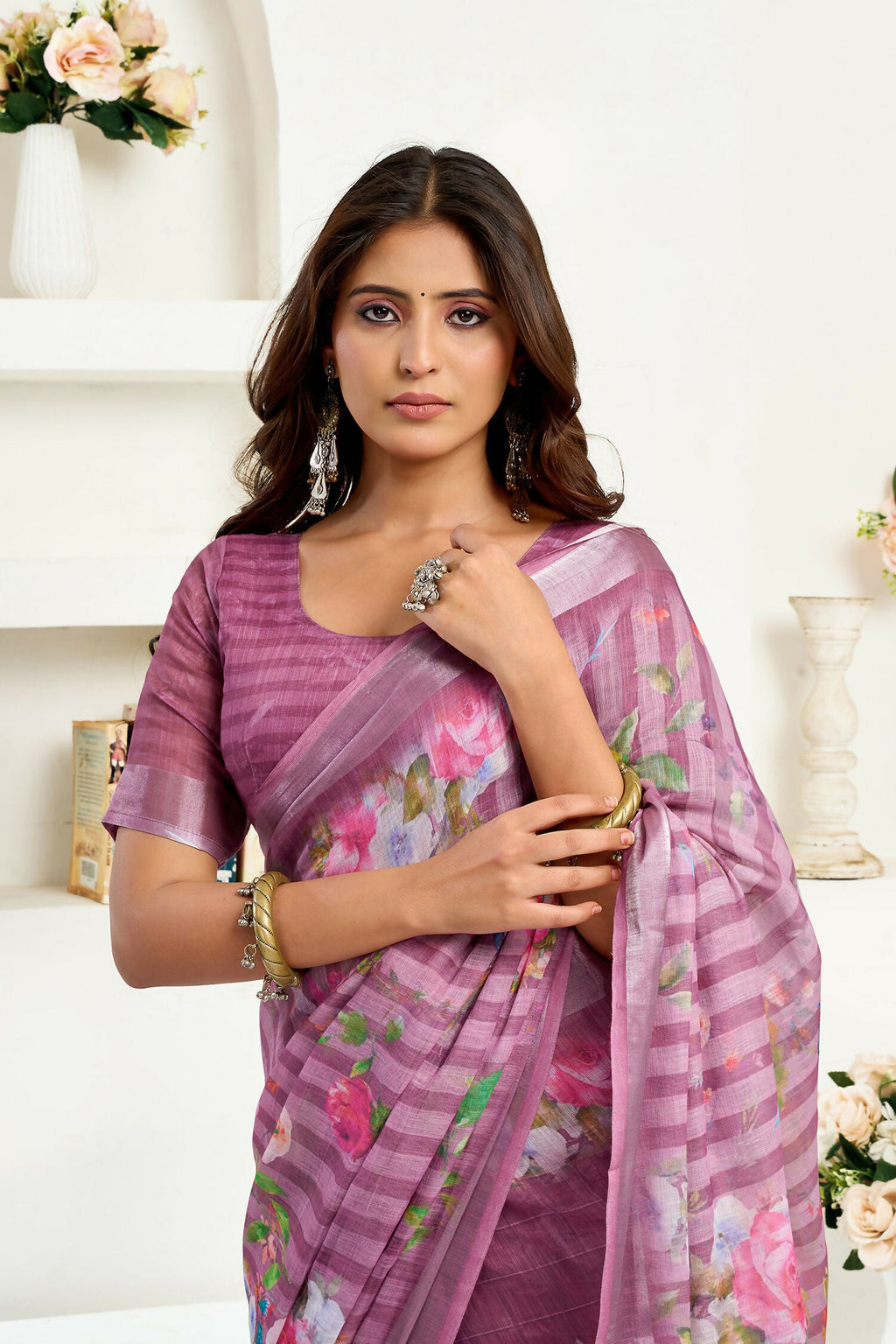 Joban Fashion Dusty Wine Floral & Striped Linen Ready To Wear Saree With Unstitched Blouse | Grocsy