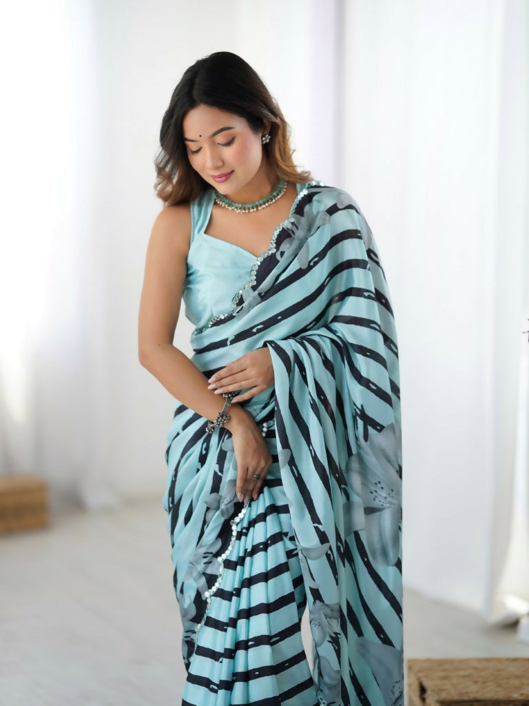 Sea Green Chinon Designer Digital Printed,Mirror Cut Work Saree - Manvika | Grocsy