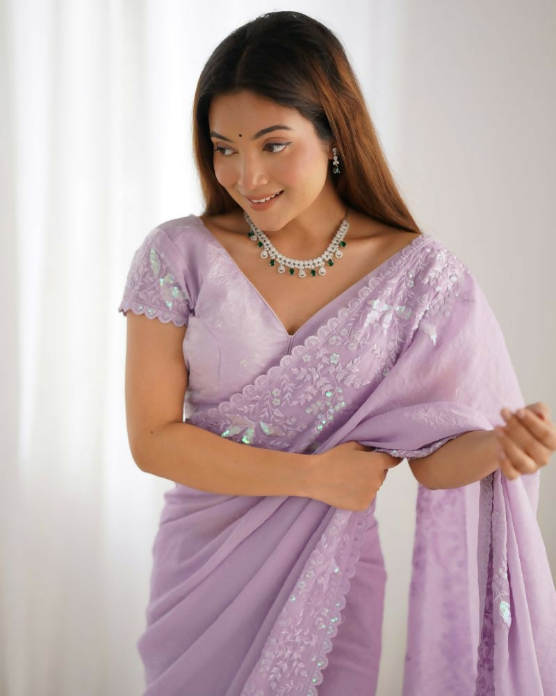 Vamsee Onam Lavender Crushed Fandy Tissue Silk Saree | Grocsy