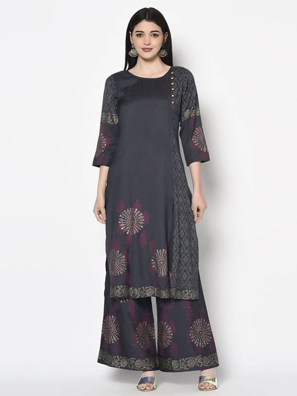 Aniyah Rayon Dark Grey Color Block Print Straight Kurta (AN-203K) | Grocsy