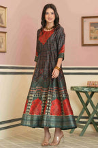 Juniper Green Satin Festive Printed Anarkali Flared Anarkali Kurta For Women | Grocsy