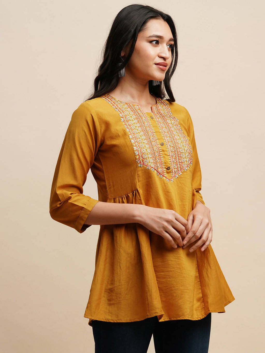 Mustard Chinon Embroidered Top - Tarini | Grocsy