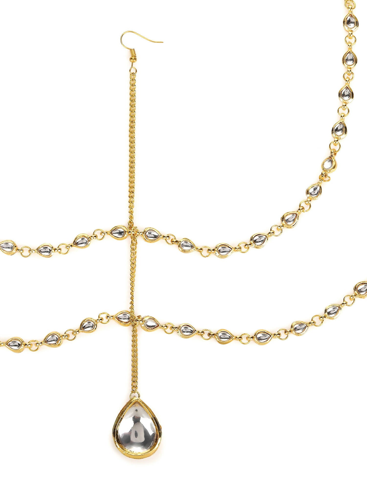 Gold-Polished White Faux Kundan-Studded Faux Pearl Beaded Handcrafted Matha Patti - Ruby Raang | Grocsy