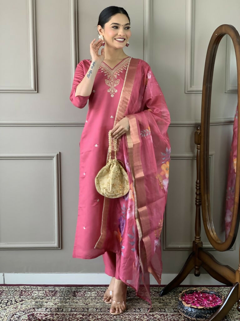 Light Pink Viscose chanderi Stitched Suit With Dupatta - Tanisha | Grocsy