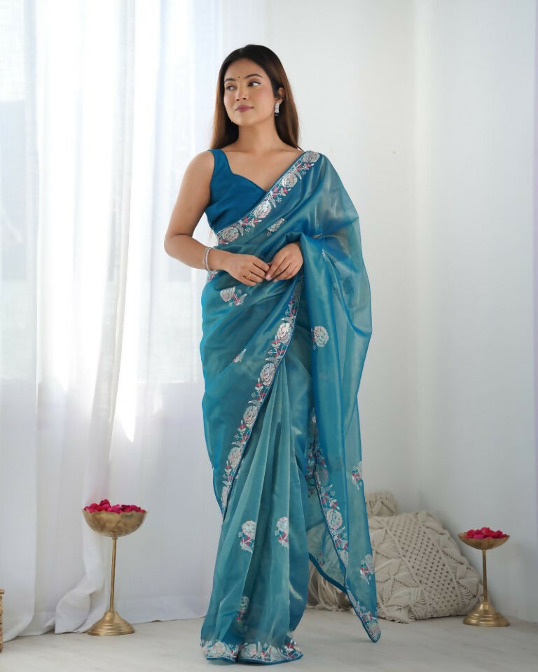 Teal Blue Gold Twill Net Multy Thread, Sequance Embroidery Work Saree - Kriti | Grocsy