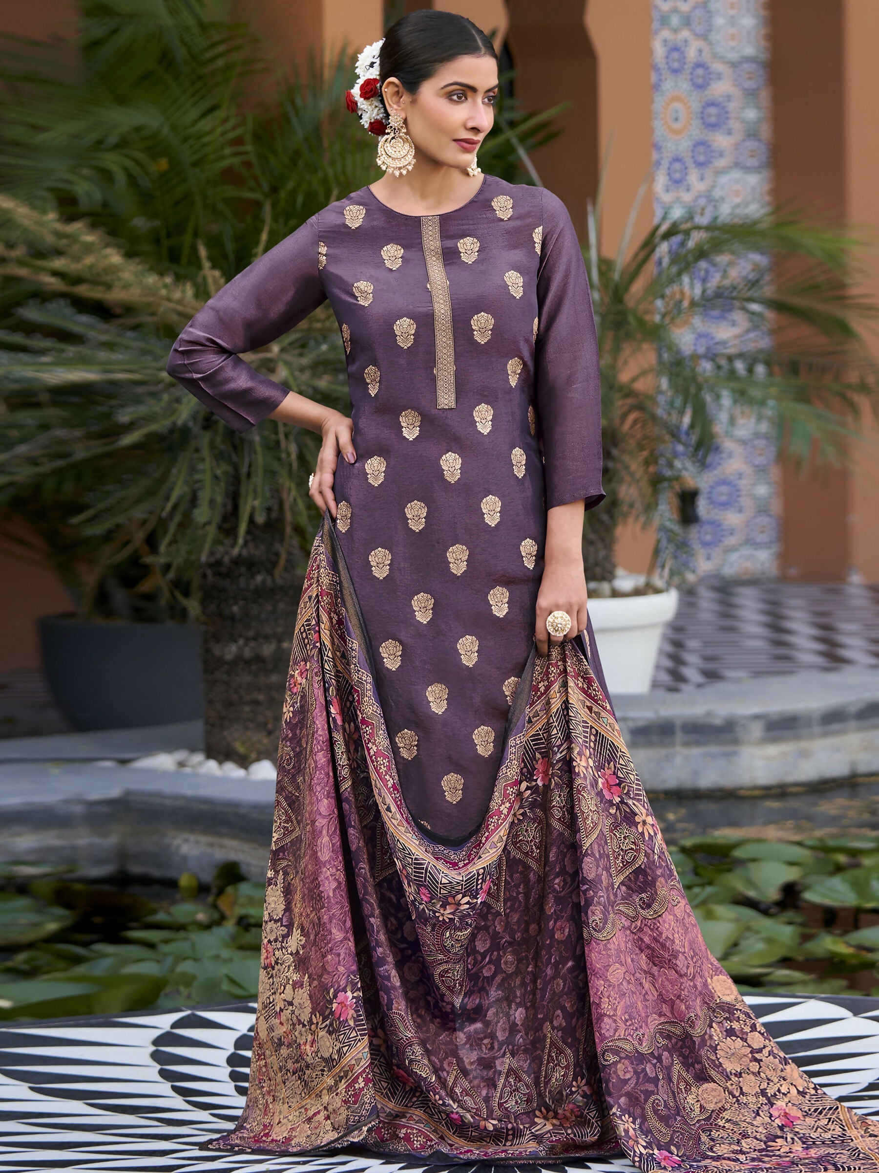 Jyoti Fashion Women's Purple Pure Silk Elegant Jacquard Woven Kurta with Trouser & Dupatta | Grocsy