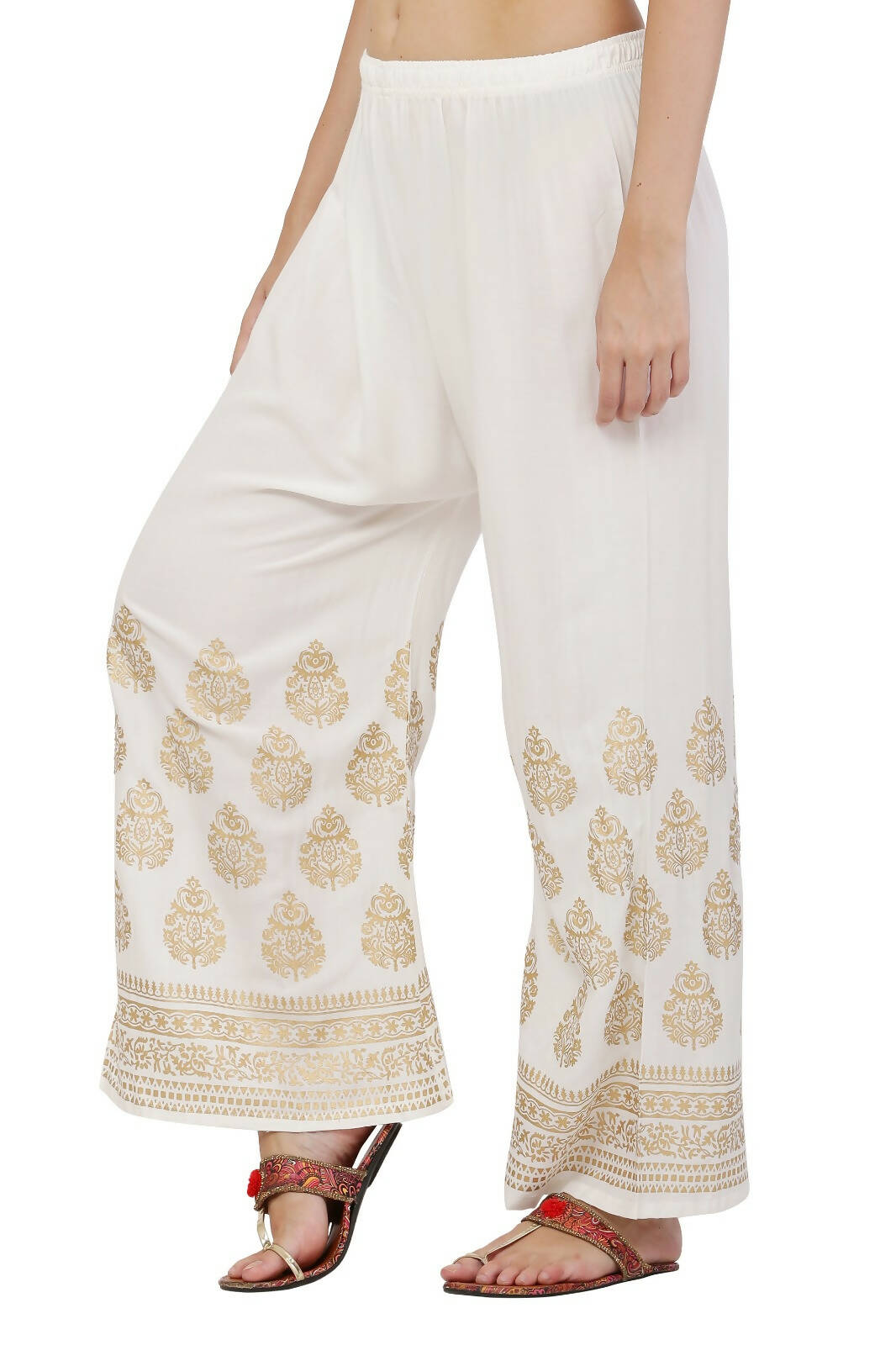 PAVONINE White Color Golden Printed Rayon Fabric Sharara For Women | Grocsy