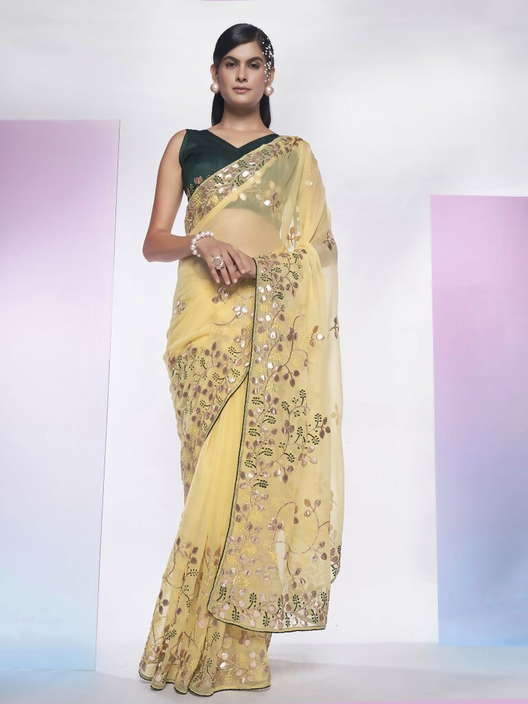 Cream Simmar Heavy Gotta Embroidery Work Saree with Unstitched Blouse - Vandini | Grocsy