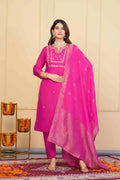 Pink Viscose Chanderi Embroidered Stitched Suit With Dupatta - Tanisha | Grocsy