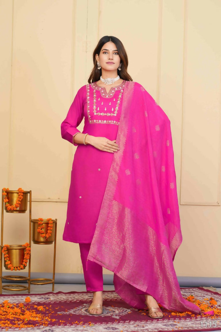 Pink Viscose Chanderi Embroidered Stitched Suit With Dupatta - Tanisha | Grocsy