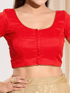 Joban Fashion Red Taffeta Silk Padded Blouse With Round Neck Elbow Sleeves | Grocsy