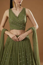 Jyoti Fashion Glamorous Olive Green Zari and Thread Embroidered Georgette Lehenga Choli with Dupatta | Grocsy
