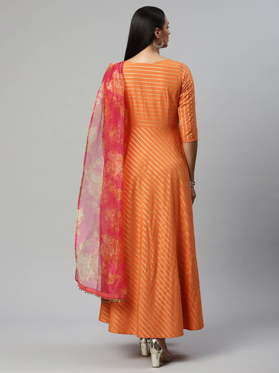 Ahalyaa Women's Orange Crepe Gold Print Dress | Grocsy