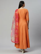 Ahalyaa Women's Orange Crepe Gold Print Dress | Grocsy