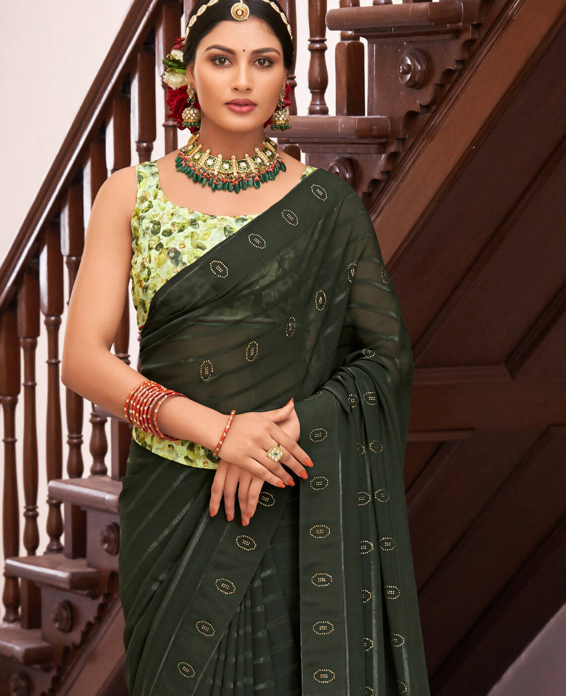 Green Georgette Swaroski Work Saree With Unstitched Blouse Piece - Juhi | Grocsy
