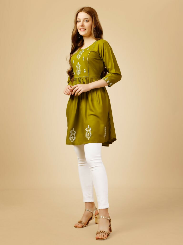 Jyoti Fashion Women's Mehendi Viscose Rayon Embroidered Casual Top | Grocsy