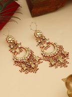 Ruby Raang 22k Gold Polished Kundan Chand Earrings With Ear Chains | Grocsy