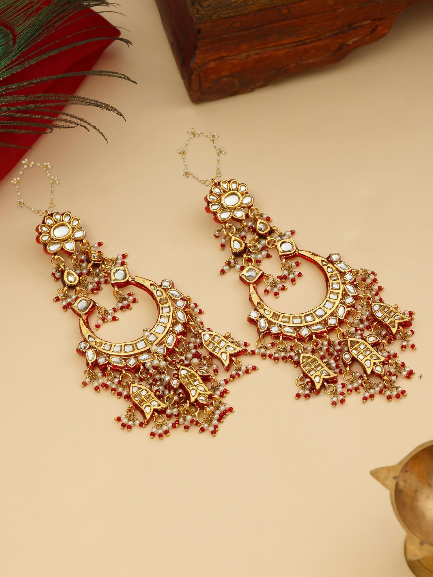 Ruby Raang 22k Gold Polished Kundan Chand Earrings With Ear Chains | Grocsy