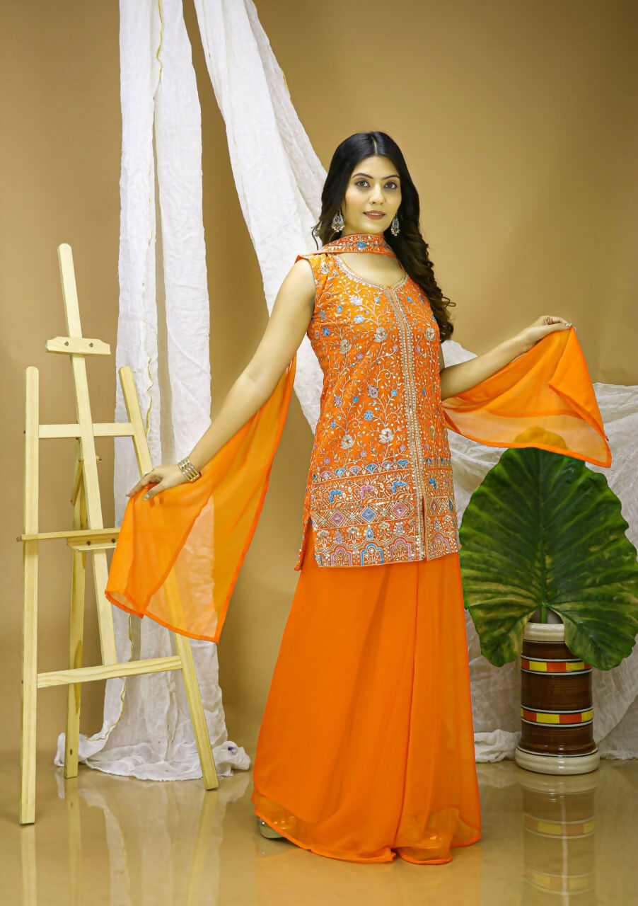 Teeya Creation Yellow Color Faux Georgette Wedding Wear Trending Palazzo Set | Grocsy