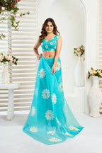 Vastranavya Sky Blue Digital Printed Linen Ready To Wear Designer Saree with Unstitched Blouse | Grocsy
