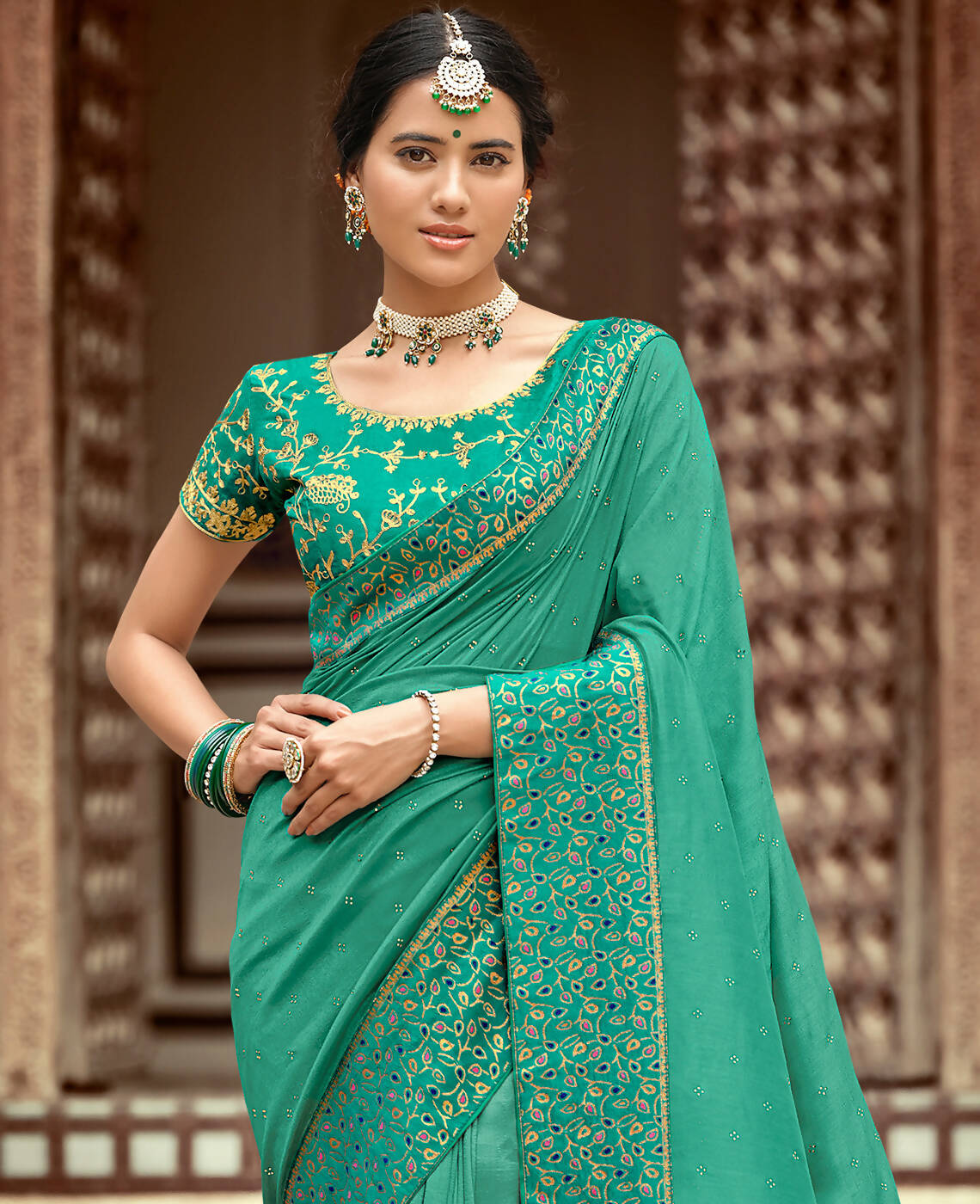 Sea Green Vichitra Stone Work Saree With Unstitched Blouse Piece - Rosy | Grocsy