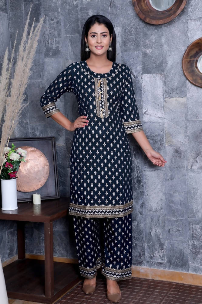 Vamika Navy Blue Gota Patti Work Rayon Party And Casual Wear Kurta Set | Grocsy