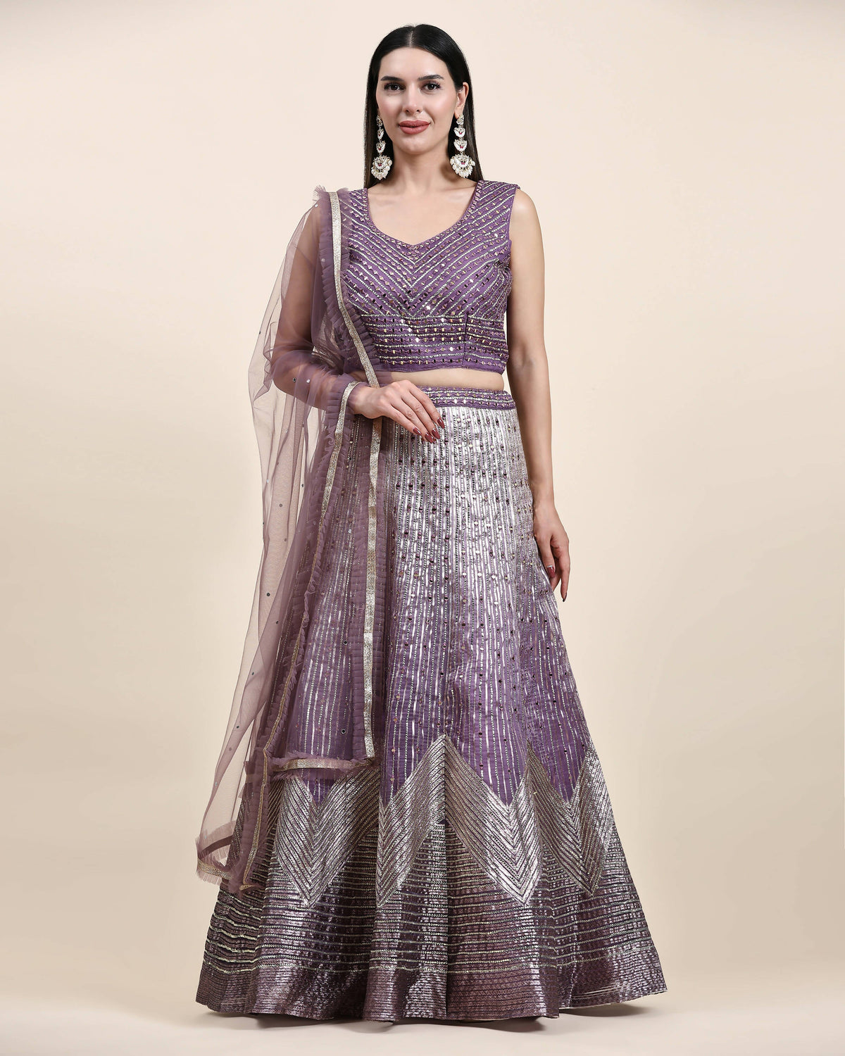 Lavender Organza Mirror With Coding Work Lehenga Choli with Dupatta - Tanya | Grocsy