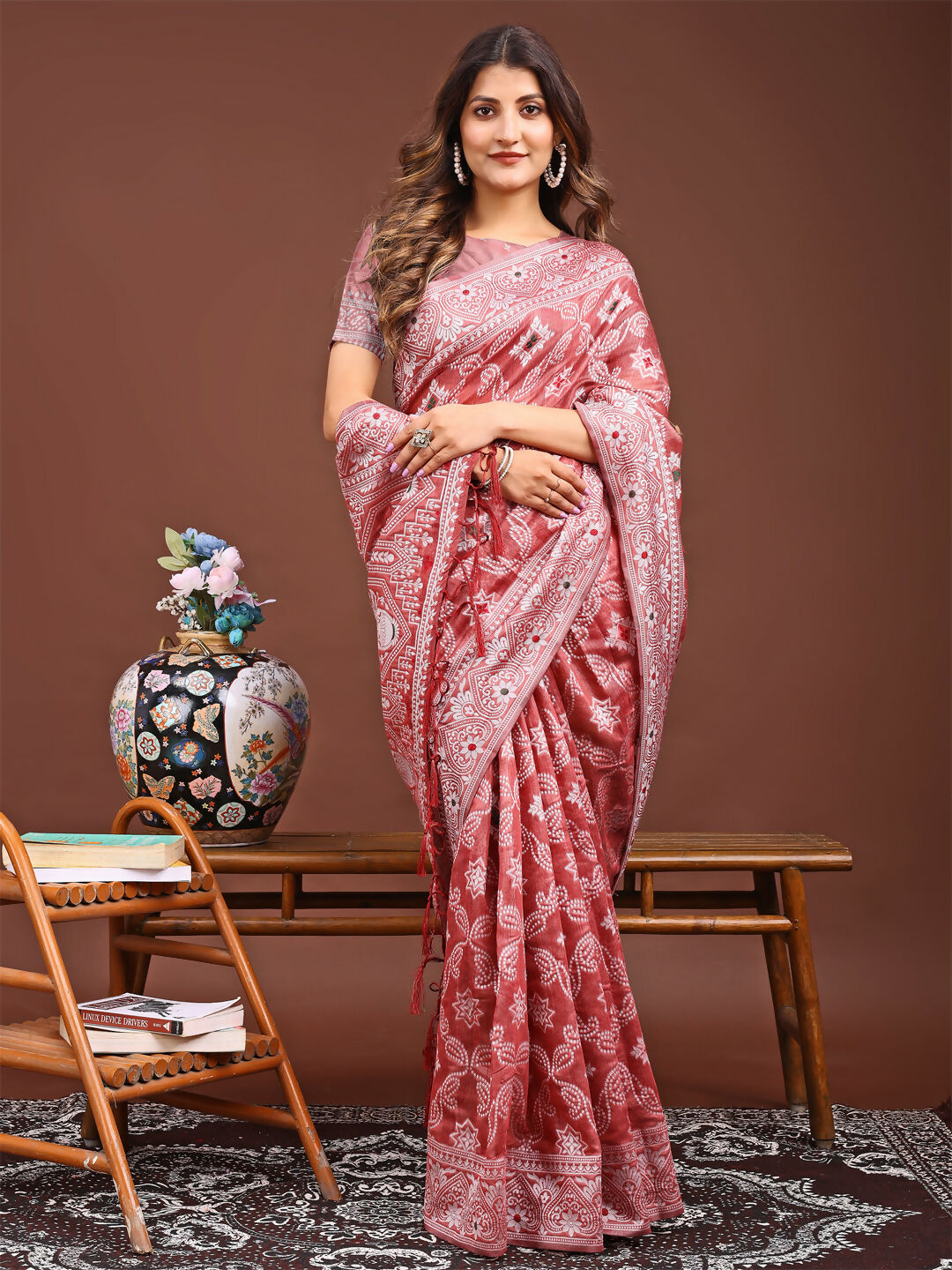 Shree Shyam Fashion Pankhuri Peach Linen Cotton Saree | Grocsy