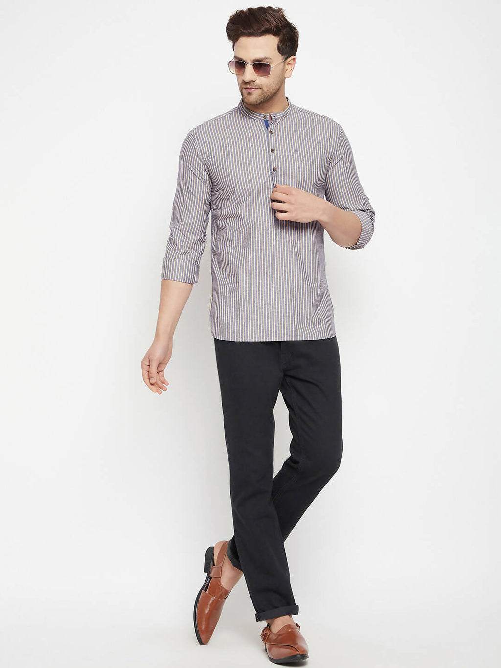 Even Apparels Grey Color Pure Cotton Short Men's Kurta With Band Collar | Grocsy