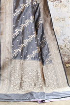 Joban Fashion Silver Grey Pure Katan Pure Handloom Banarasi Silk Saree | Grocsy