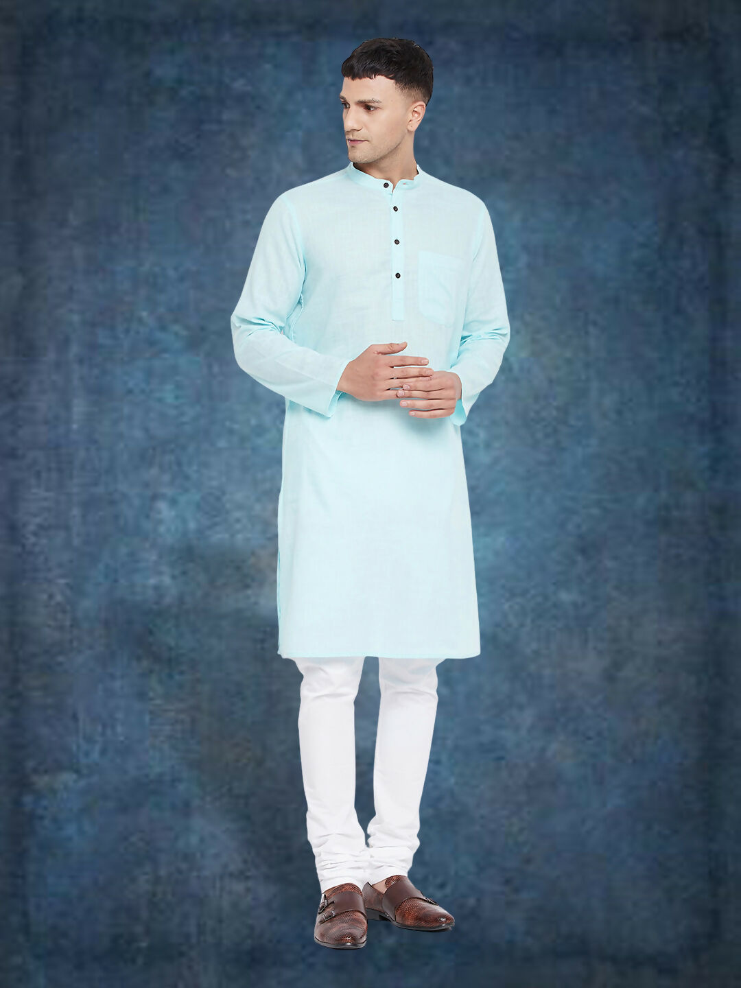 Even Apparels Men's Pure Cotton Blue Kurta | Grocsy