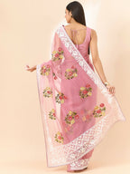 Pink Organza Floral Embroidered Saree with Unstitched Blouse Piece - Roozal | Grocsy