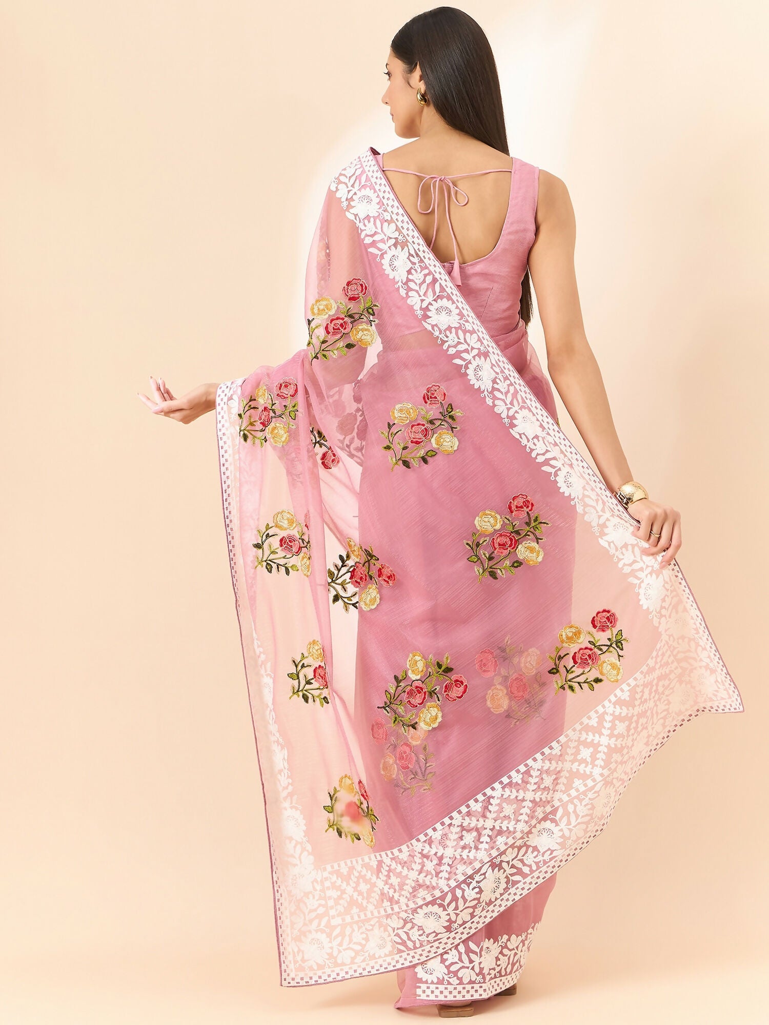 Pink Organza Floral Embroidered Saree with Unstitched Blouse Piece - Roozal | Grocsy