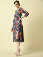 Myshka Women's Blue Floral Printed A-Line Dress | Grocsy