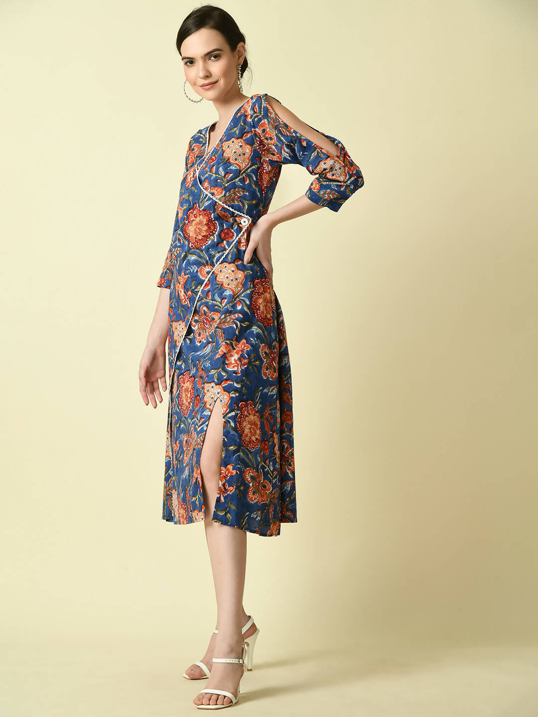 Myshka Women's Blue Floral Printed A-Line Dress | Grocsy