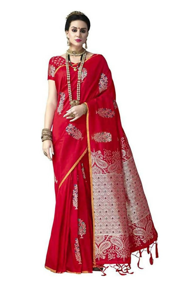 Varkala Silk Sarees Women's Red Banarasi Silk Saree With Unstitched Blouse Piece | Grocsy