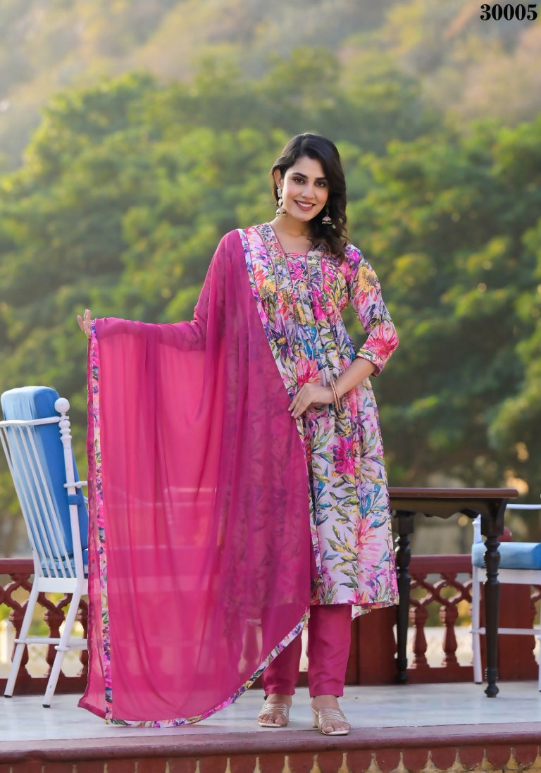 Designer Stylish Pink Slim Georgette Stitched Suit With Dupatta - Kiyara | Grocsy