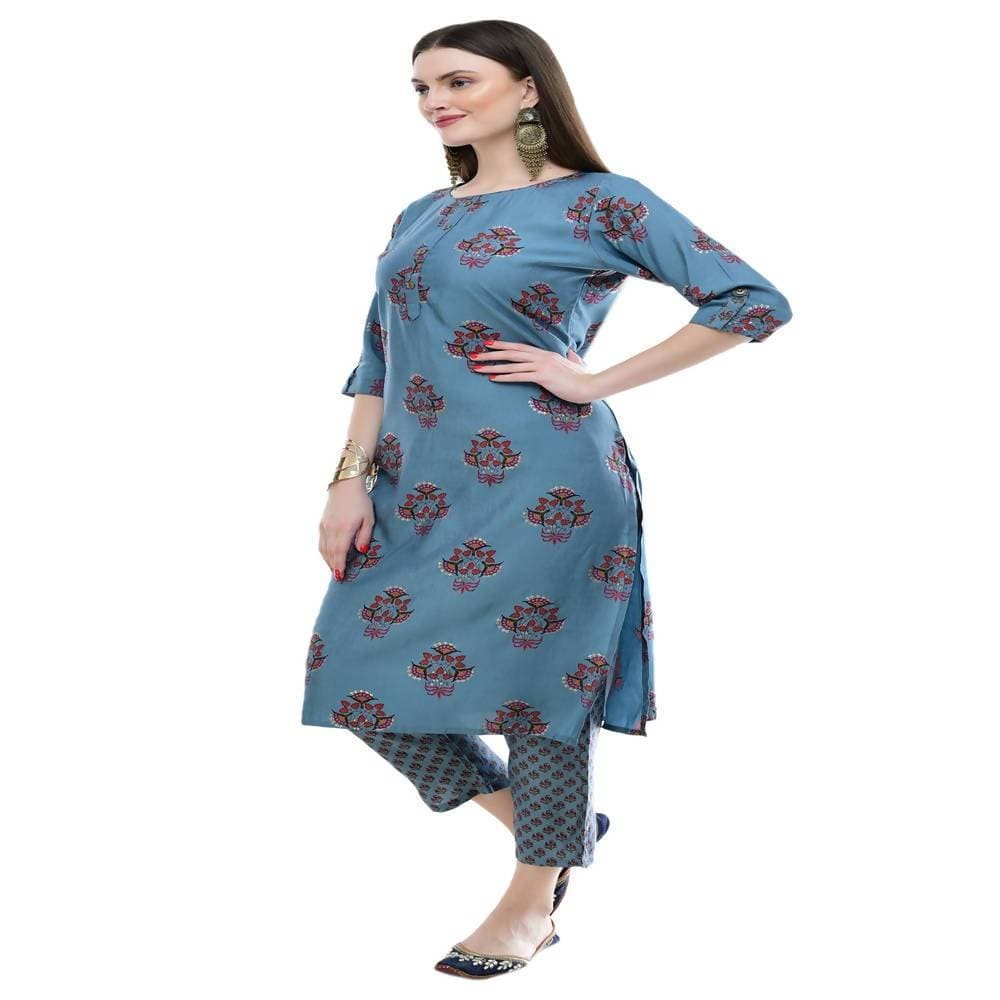 Lagi Women's Turquoise Blue Printed Straight Kurta & Pant (MC39A) | Grocsy