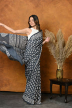 Very Much Indian Handblock Printed Cotton Saree With Natural Dyes - Black White | Grocsy
