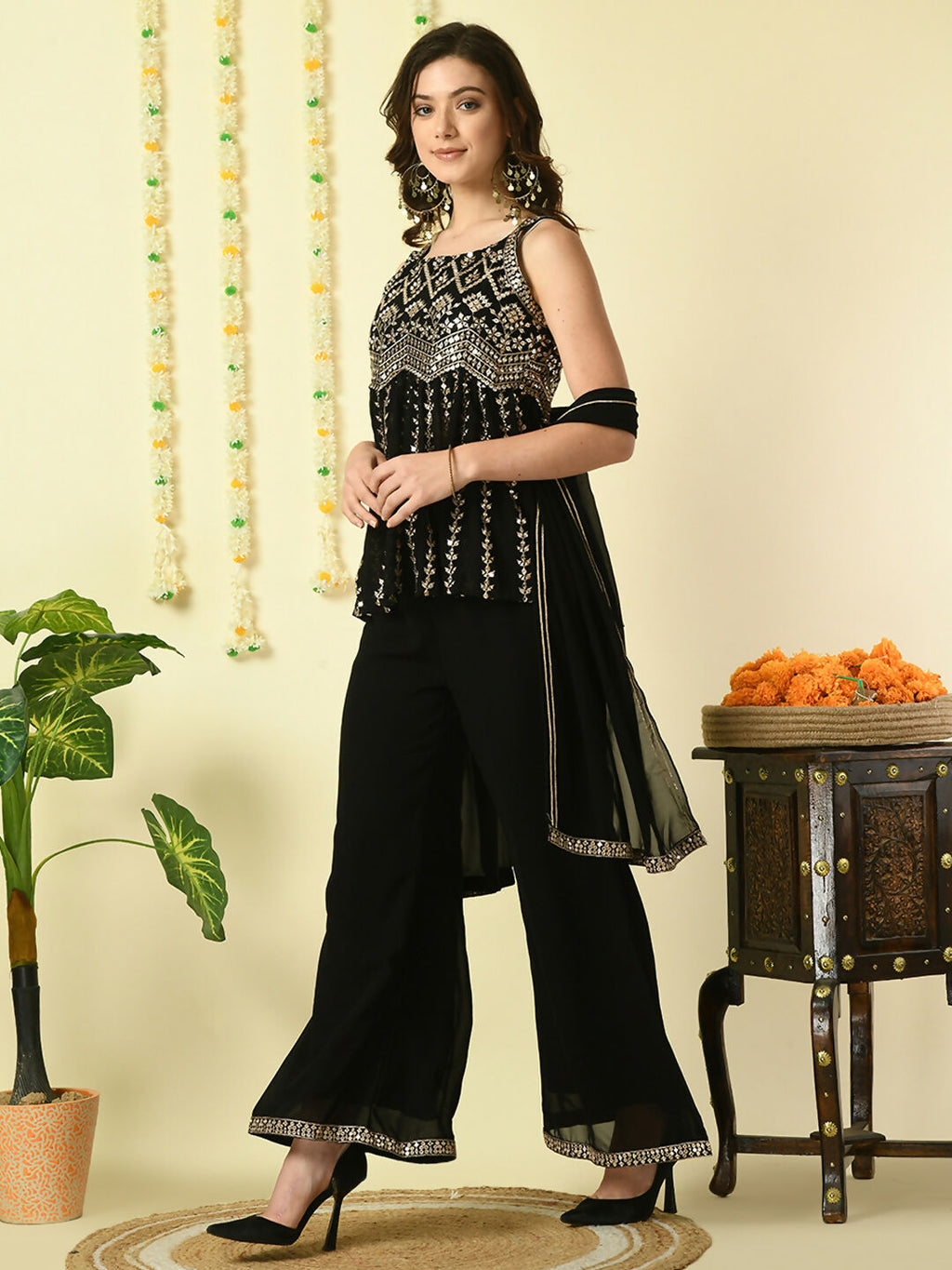 Myshka Women's Black Georgette Top & Palazzos With Dupatta Party Sets | Grocsy