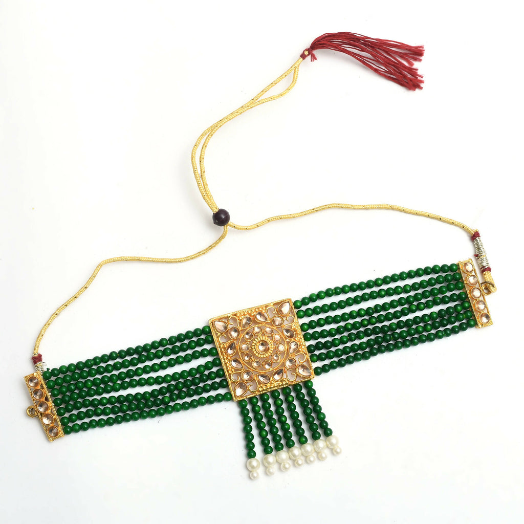Mominos Fashion Johar Kamal Gold-Polished Kundan & Pearls Necklace Green/Golden Color Choker Set | Grocsy